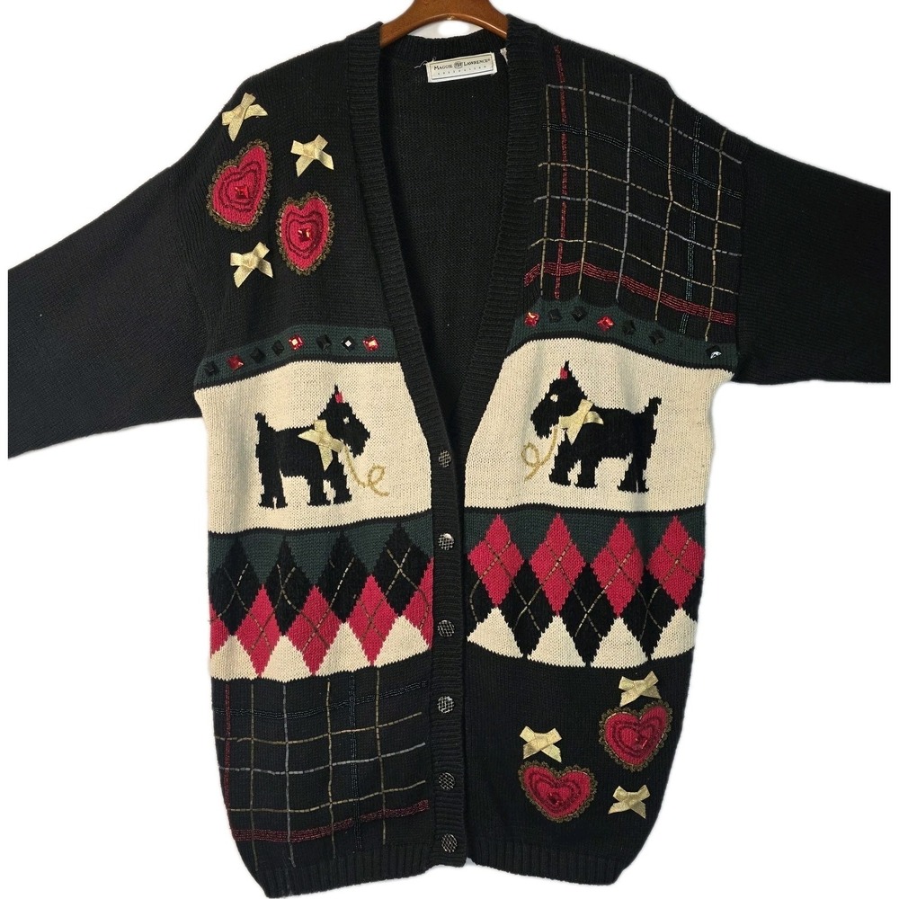 VTG Maggie Lawrence Embellished Scottie Dog Argyle Ribbon Cardigan‎ Ramie 18/20